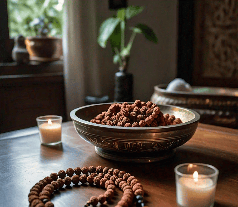 A calming meditation setup featuring Rudraksha beads, candles, and a peaceful environment